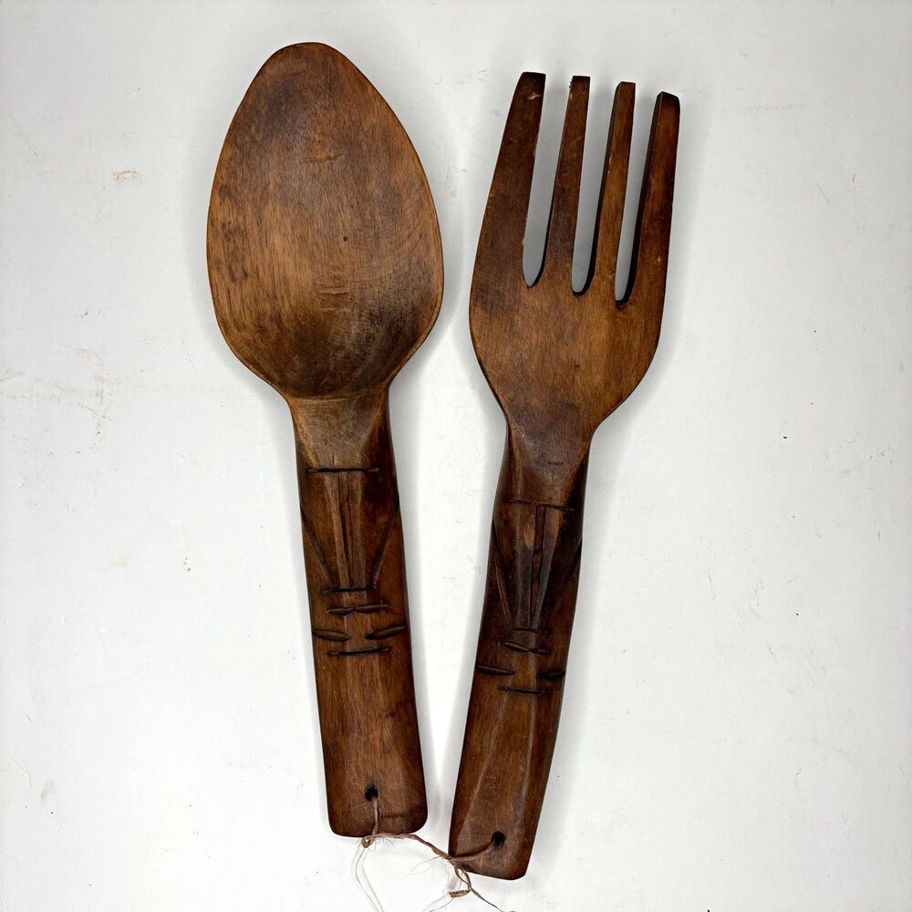 Vintage Made in Philippines 12” Carved Wood Salad Serving Spoon Fork Set MCM